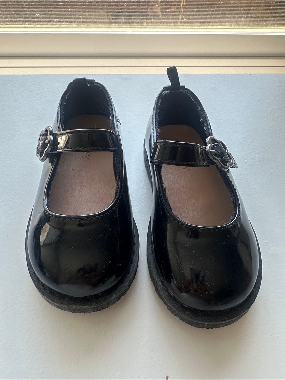 Black Patent Mary Jane Flats with Flower Buckle